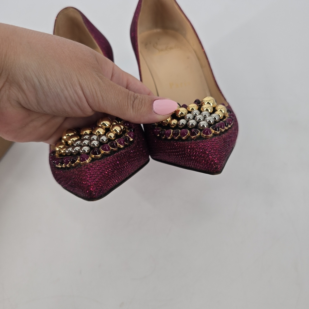 Christian Louboutin Coralta Mia 100 Pink Glitter Point Toe Pumps Size 35 Heart - Picture 3 of 13